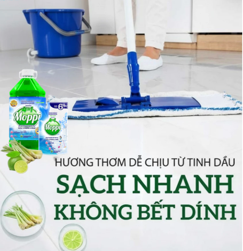 Nước Lau Sàn MOPPI BENEFITS 4in1 - Sạch Khuẩn, Sáng Bóng, Thơm Lâu, Chiết Xuất Thiên Nhiên Túi 600ml 