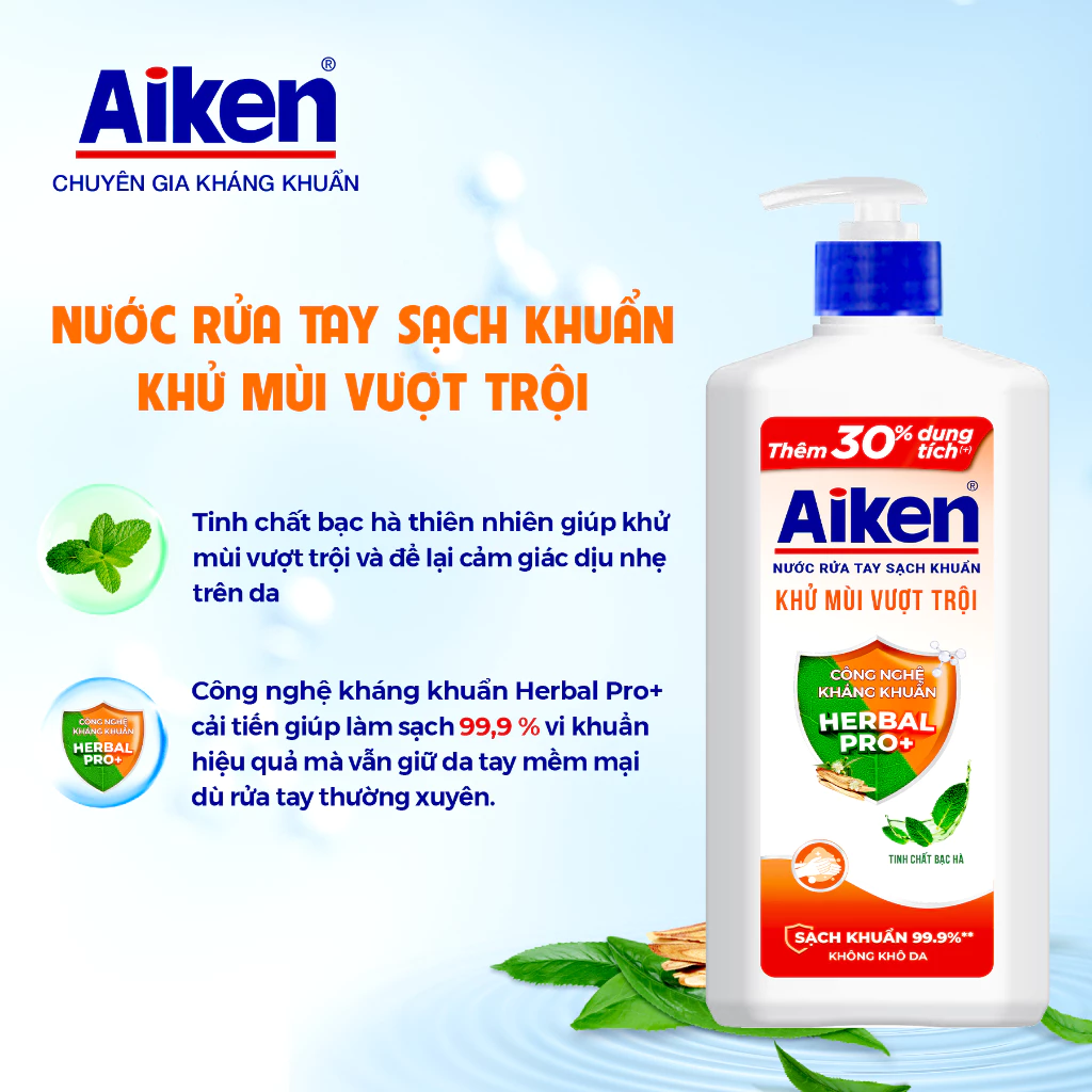  Nước rửa tay Aiken Sạch khuẩn Dưỡng ẩm, Khử mùi 494g 