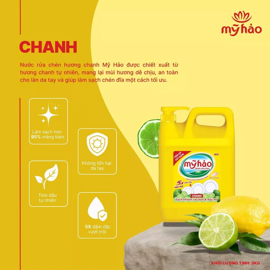  Nước Rửa Chén An Toàn Cho Da Và 5X Đậm Đặc Mỹ Hảo Khử Sạch Mùi Tanh Can Vòi Bơm 3KG 