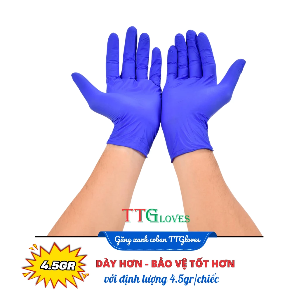  Găng Tay Cao Su Y Tế TTGLOVES Không Bột Nitrile Màu Xanh Coban Siêu Bền 4.5gr (Hộp 100 Chiếc) 