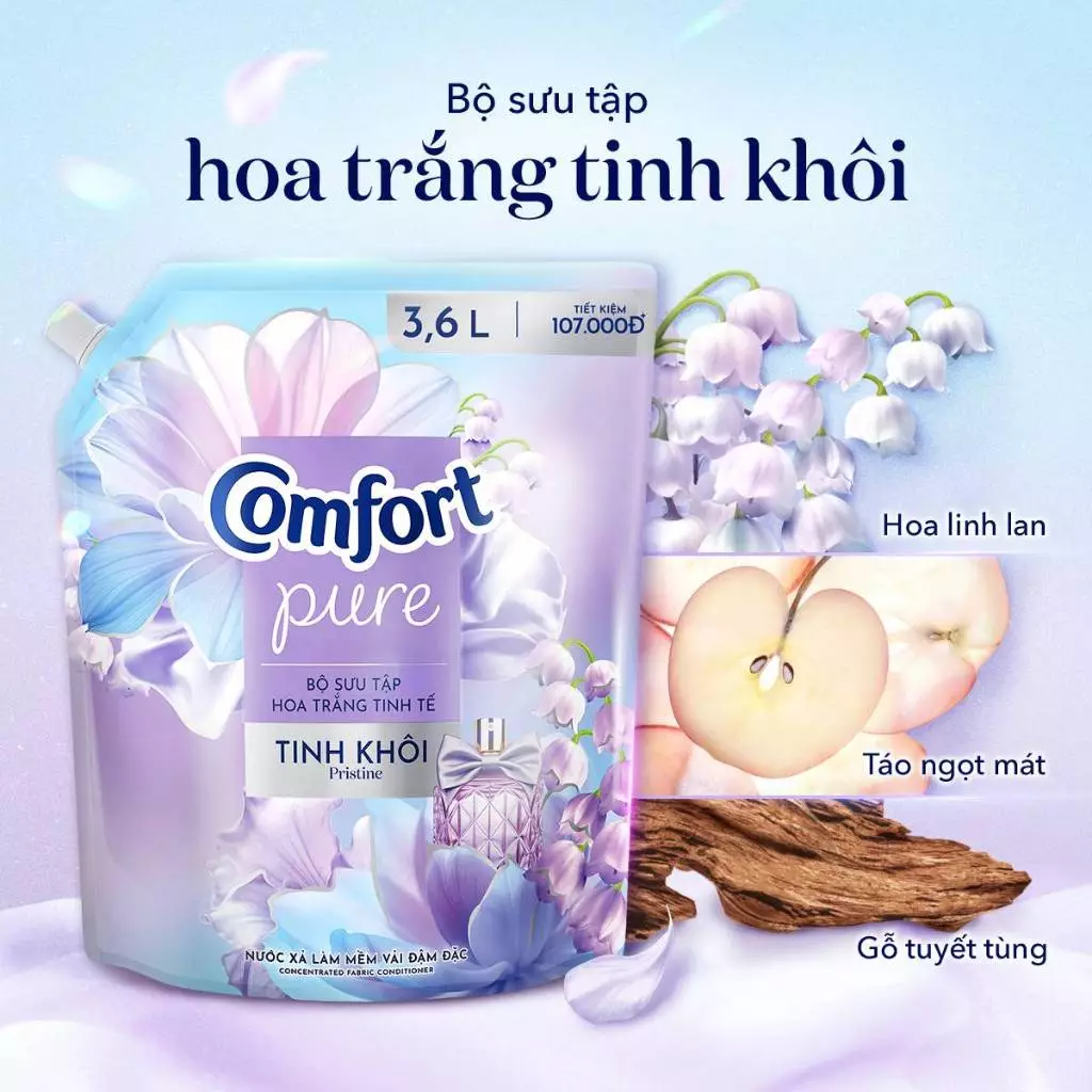 Nước Xả Vải Comfort Hoa Trắng Thanh Nhã Túi 1.7-3.6L 