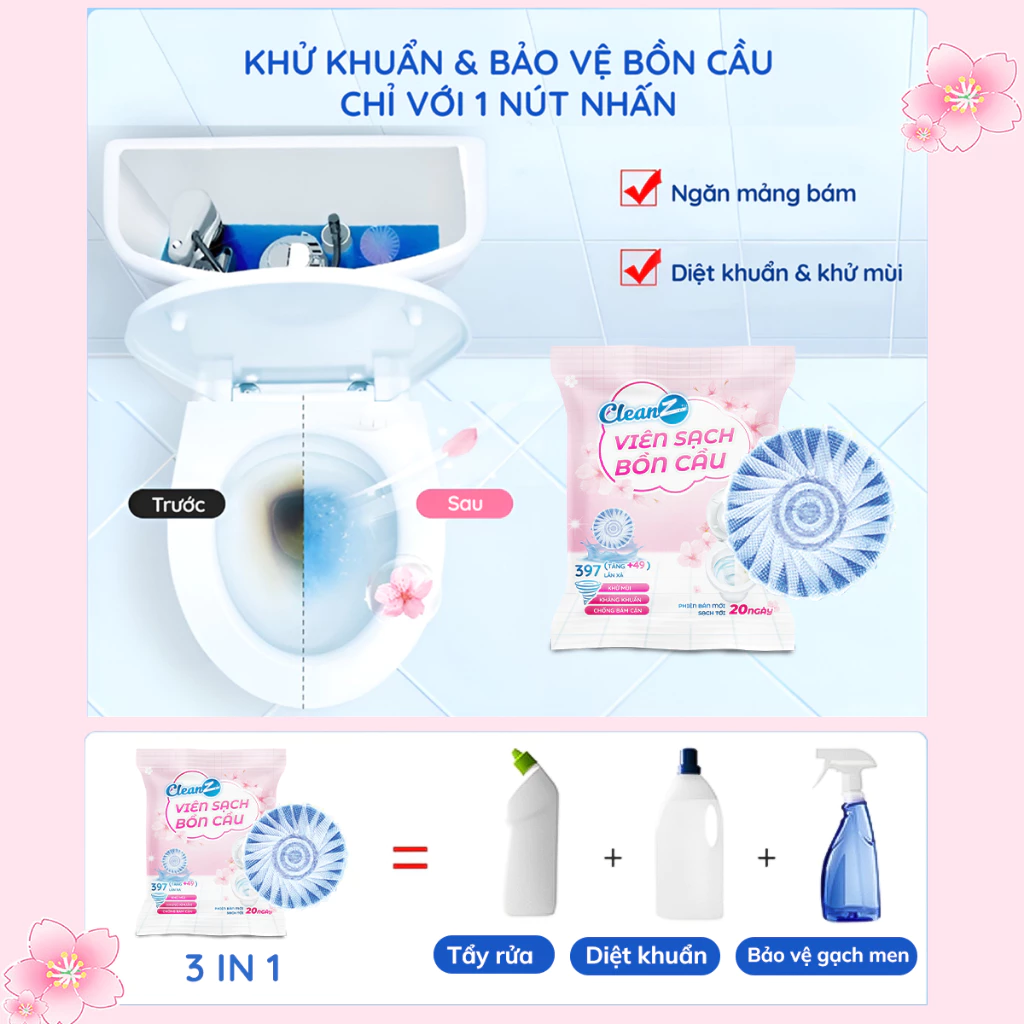  Hộp 4 Viên thả bồn cầu CleanZ hương đào khử mùi, tẩy sạch, thơm mát nhà vệ sinh 50g 