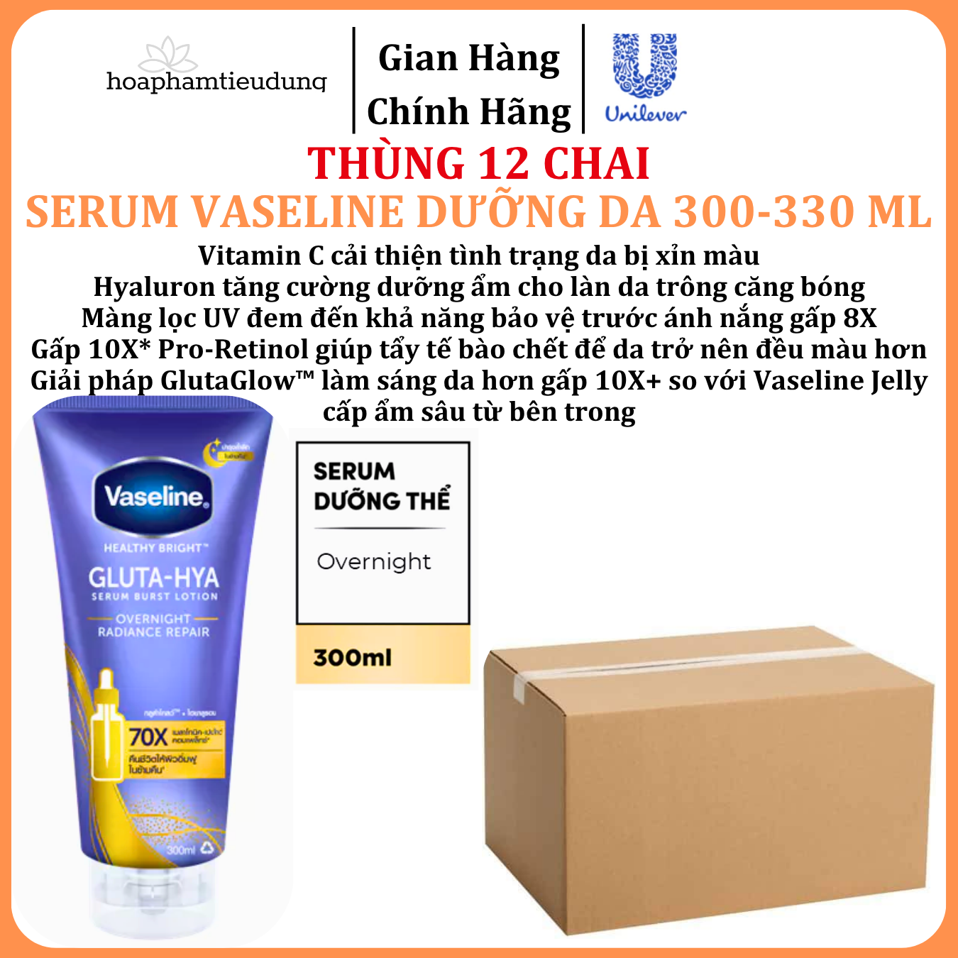  Serum Vaseline Gluta-Hya Dưỡng Da Sáng Mịn Sau 7 Ngày 300-330 ML 