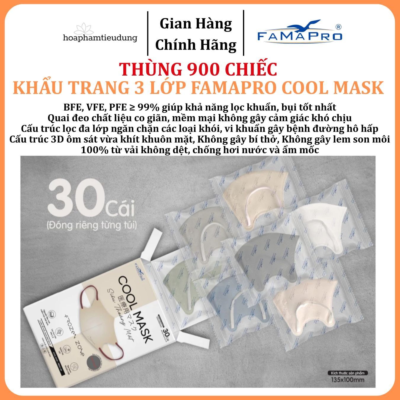  Khẩu trang cao cấp Famapro 3 lớp Cool Mask 6D Nhật Hộp 30 chiếc 