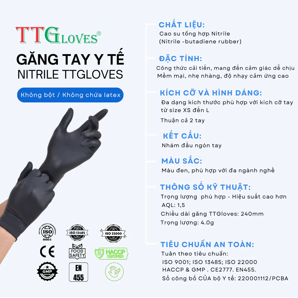  Găng Tay Cao Su Y Tế TTGLOVES Không Bột Nitrile Màu Đen Siêu Dai 4.0gr (Hộp 100 Chiếc) 