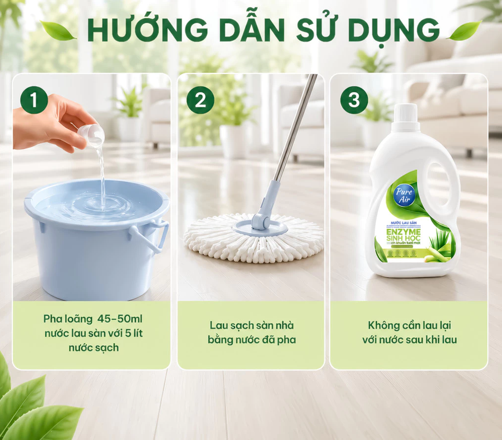  Nước Lau Sàn Enzyme Sinh Học Pure Air 1.1-2.3L Hỗ Trợ Làm Sạch Khử Mùi, Mang Lại Không Gian Sạch Sẽ, Thoáng Mát 