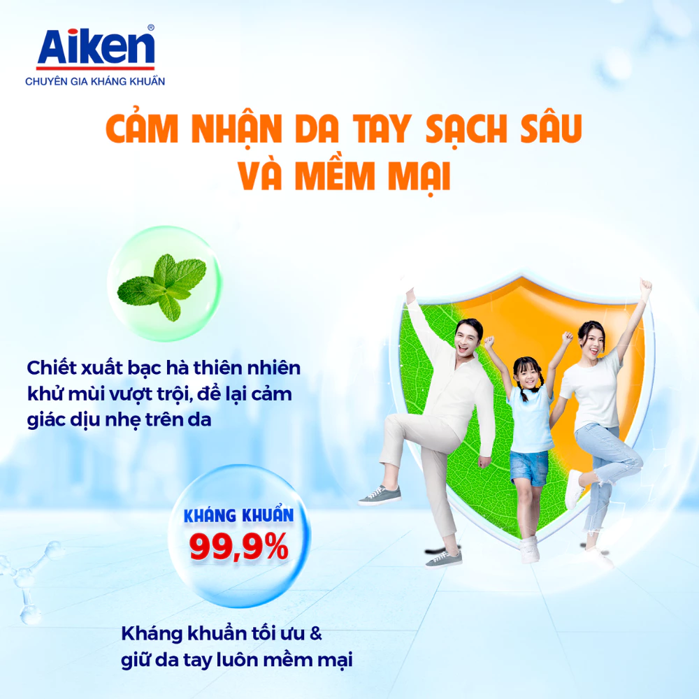  Nước rửa tay Aiken Sạch khuẩn Dưỡng ẩm, Khử mùi 494g 