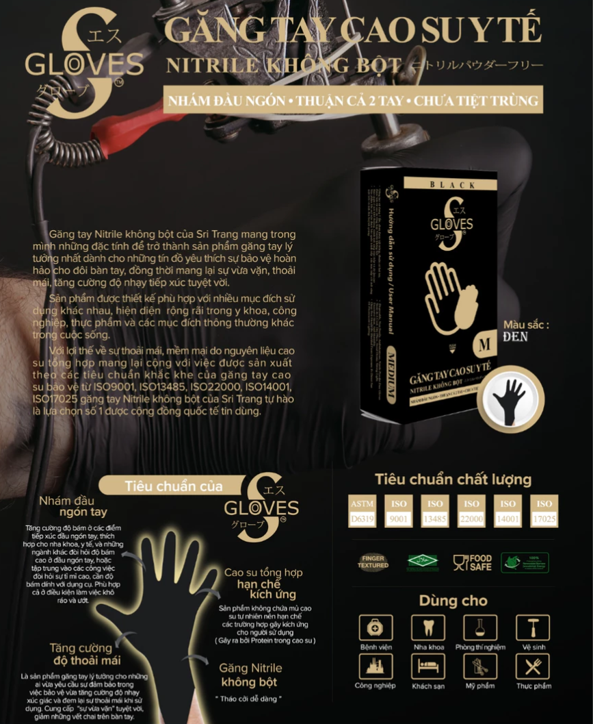  Găng tay y tế không bột nitrile Sgloves MÀU ĐEN 3.5g. Hộp 100 chiếc 