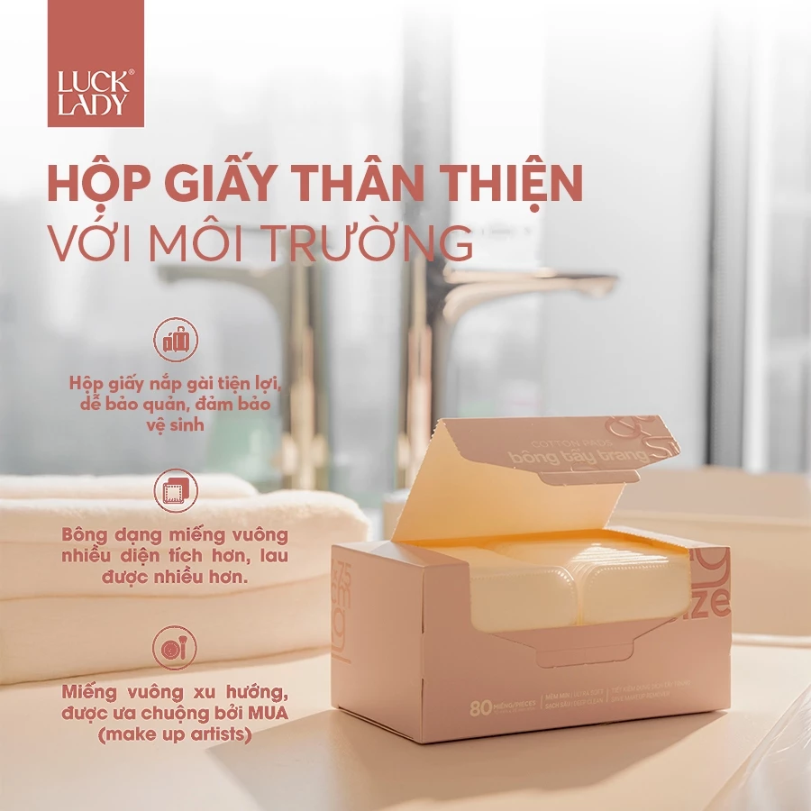  Bông tẩy trang Luck Lady cao cấp dạng hộp giấy 80 miếng/hộp, kích thước bông 7x7,5cm,mềm mịn, làm sạch da 