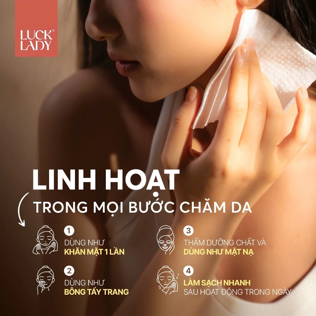  Khăn mặt khô dùng 1 lần Luck Lady 100 tờ/túi, kích thước 15x20cm, phù hợp cho da nhạy cảm, dạng túi rút đáy 
