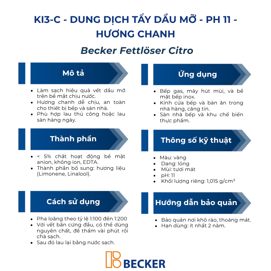  Nước tẩy dầu mỡ hương chanh Becker KI3-C - pH 11 (Nhập khẩu Đức) 