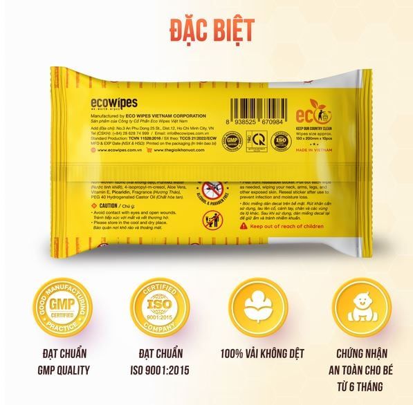  Khăn giấy ướt chống muỗi Ecowipes – Mosquito Repellent Wipes 10 tờ/gói 
