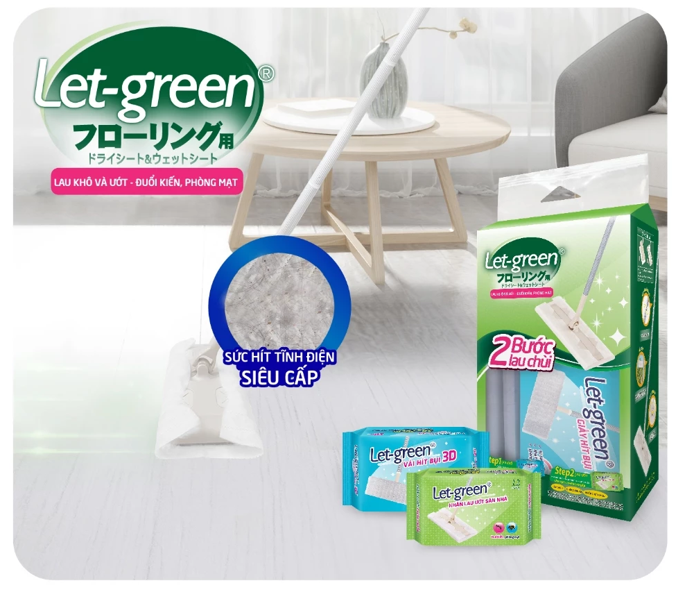  Bộ Cây Lau Nhà Đa Năng LET-GREEN (Cây Lau, Khăn Ướt Lau Sàn, Vải Hít Bụi) Đuổi Kiến, Phòng Mạt 