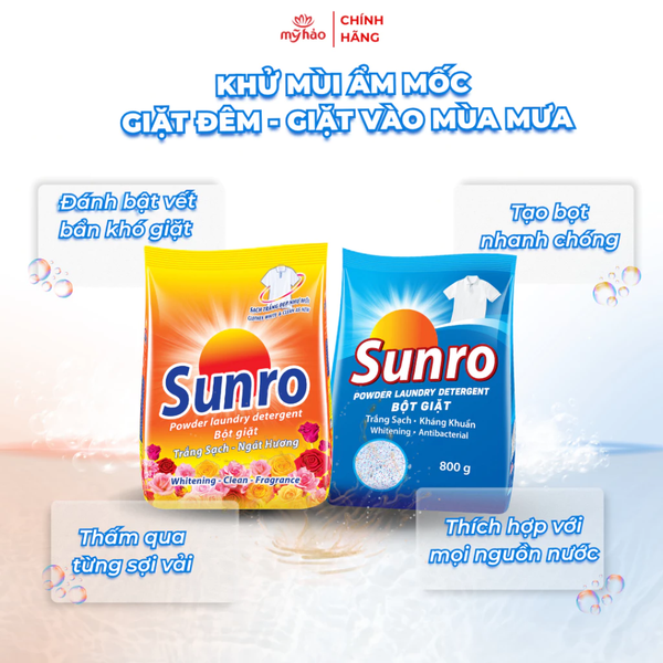  Bột Giặt Trắng Sáng Ngát Hương Sunro Mỹ Hảo Sạch Mùi Ẩm Mốc Do Thời Tiết Túi 400-800 g 