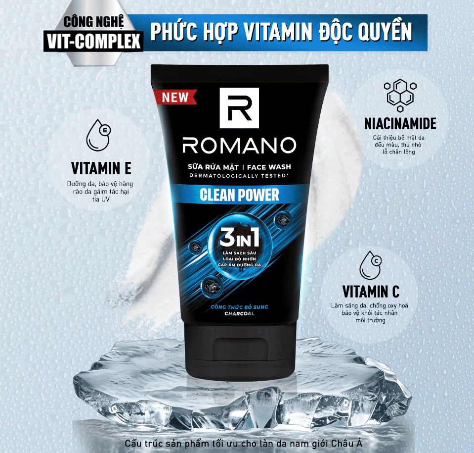  Sữa rửa mặt Romano đa tác dụng dành cho nam giới 100g: Cấp ẩm, Loại bỏ nhờn, Sáng da/Ngừa mụn/Làm sạch sâu 