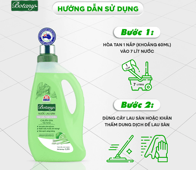  Nước Lau Sàn 365 Max Botany Tinh Dầu Sả Chanh 1.25L làm sạch bóng sàn nhà, an toàn cho da bé 