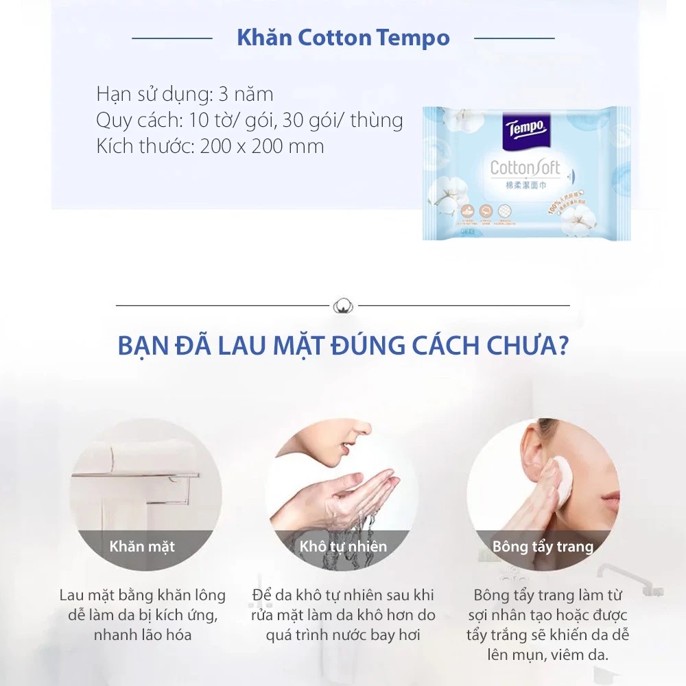  Khăn Cotton cao cấp Tempo dạng rút - làm từ cotton mềm mịn, an toàn cho da- Thương hiệu Đức 