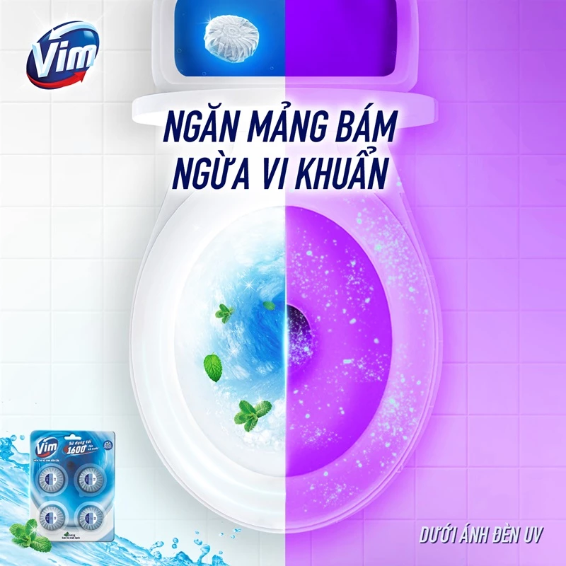  Viên Thả Vệ Sinh Bồn Cầu Vim Sạch Khuẩn, Sáng Bóng đến 1600 Lần Xả (4x45g/vỉ) 