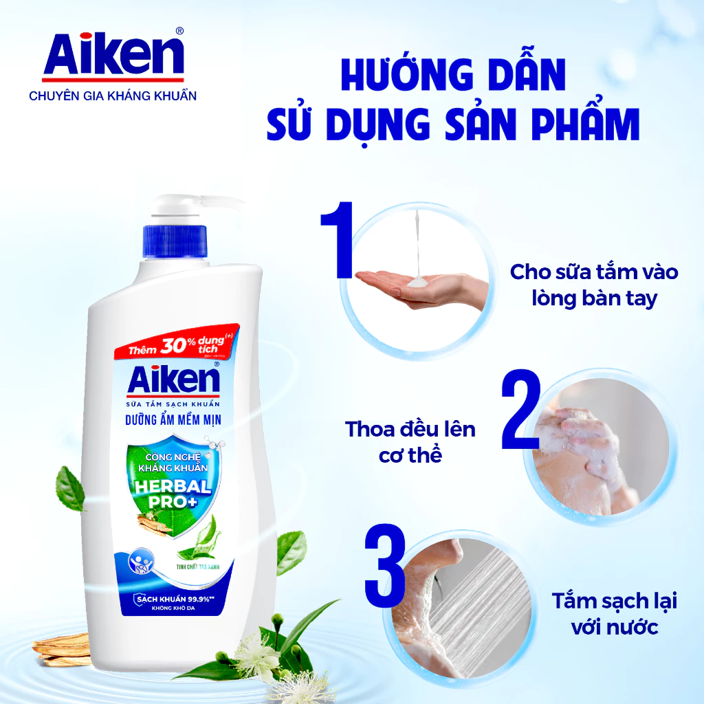  Sữa tắm sạch khuẩn Aiken thảo mộc Dưỡng ẩm mềm mịn, Ngừa mụn sáng da 845g 
