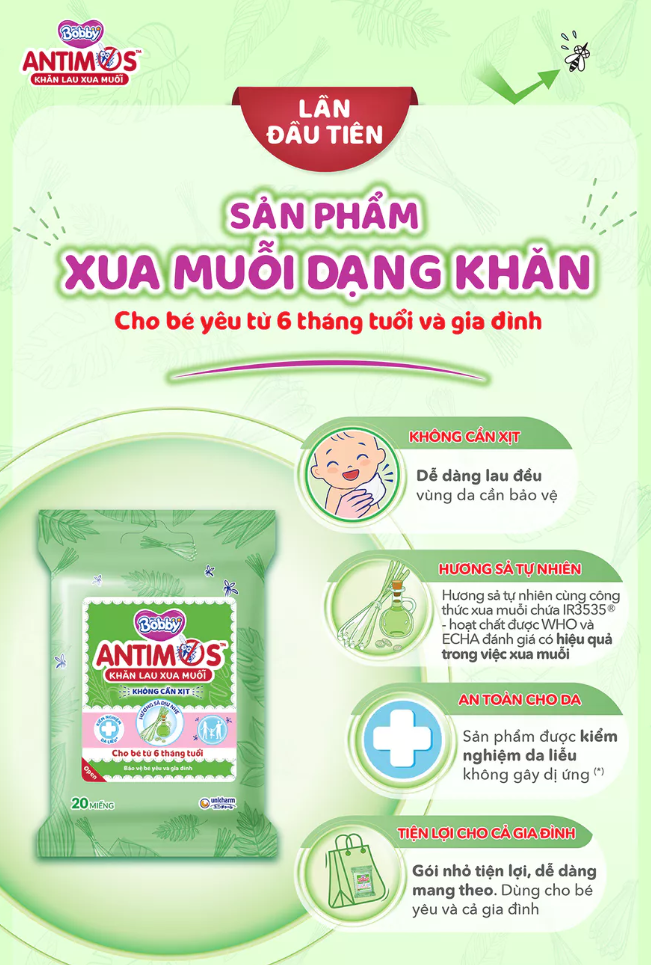  Khăn lau xua muỗi Bobby Antimos 20 miếng 
