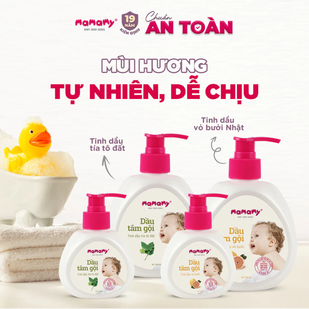  Dầu tắm gội cho bé Mamamy gốc thực vật thiên nhiên, dịu lành tinh dầu bưởi & tía tô 