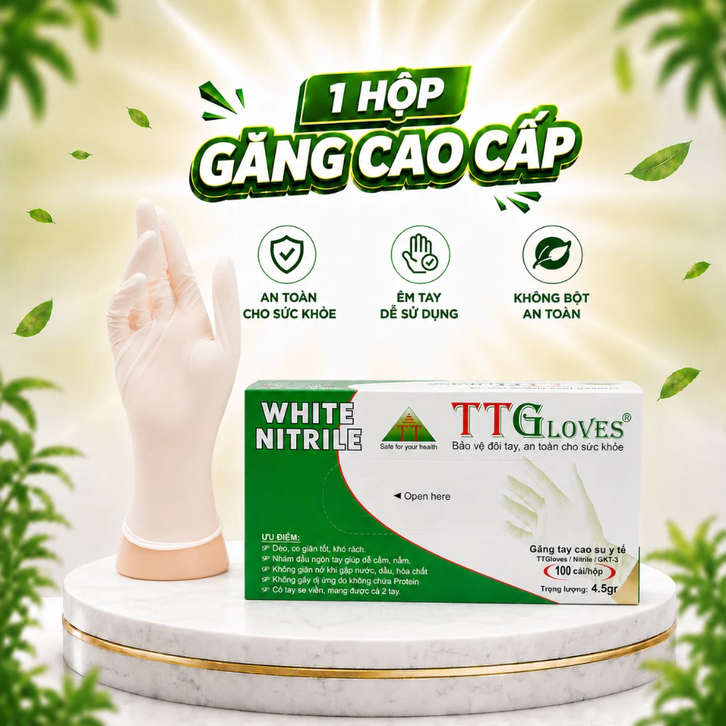  Găng Tay Cao Su Y Tế TTGLOVES Không Bột Nitrile Màu Trắng Siêu Bền 4.5gr (Hộp 100 Chiếc) 