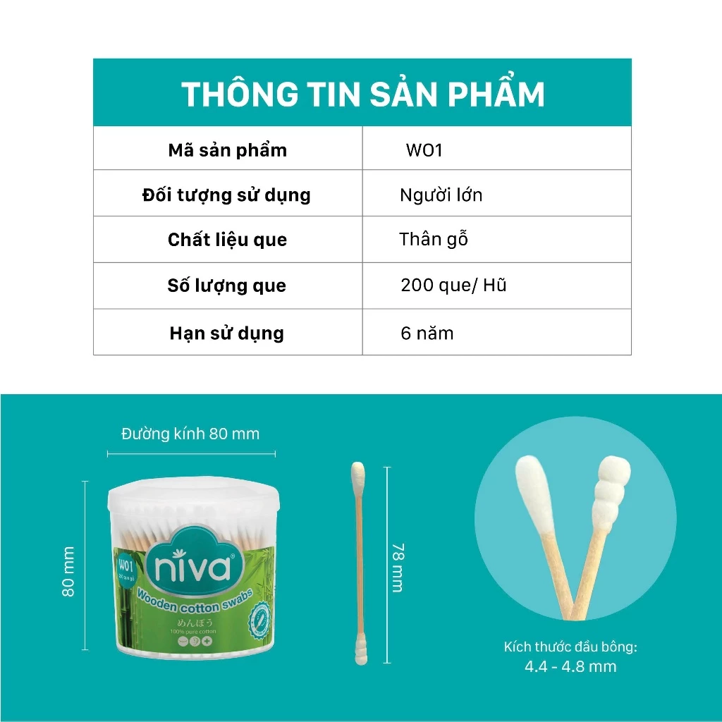  Hũ Xoay Tăm Bông Niva Cho Người Lớn 200 Que Thân Gỗ WO1 Bông Tự Nhiên Thuần Khiết An Toàn 