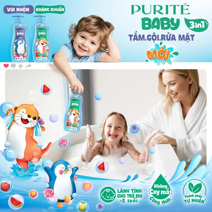  Sữa Tắm Gội Rửa Mặt 3in1 Purité Baby Kháng Khuẩn/ Vui Nhộn 500ML 