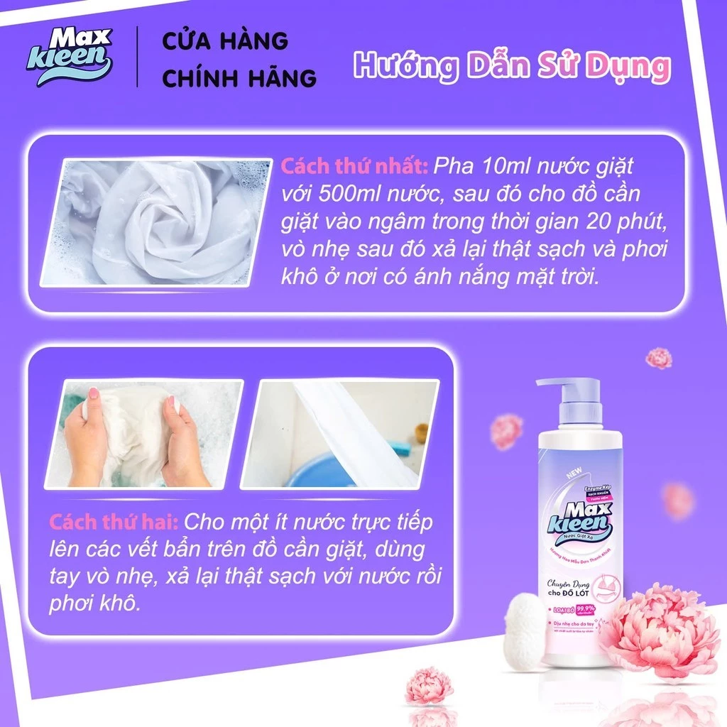  Nước Giặt Xả MaxKleen chuyên dụng cho đồ lót chai 650g Hương hoa mẫu đơn thanh khiết 