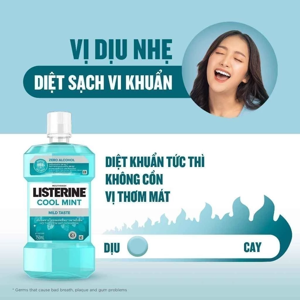  Nước súc miệng không cay giúp hơi thở thơm mát Listerine Cool Mint Zero Alcohol 250ml 