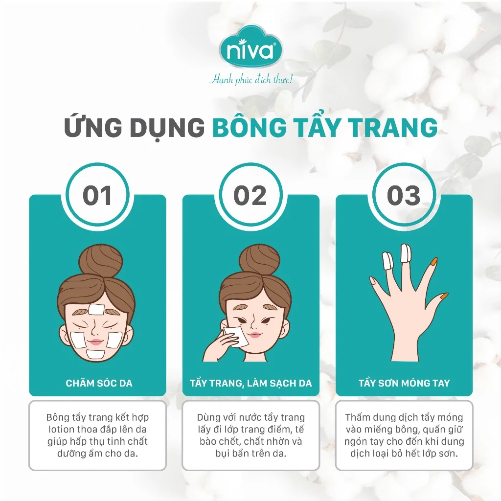  Bông Tẩy Trang Vuông NIVA CV3 Túi 210 Miếng – Bông Tự Nhiên Cao Cấp, Bản Cải Tiến 