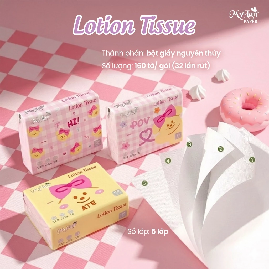  Khăn Giấy Dưỡng Ẩm MyLan Lotion Tissue - Để Bàn Lốc 5 Gói - Mềm Mịn 185x120mm 
