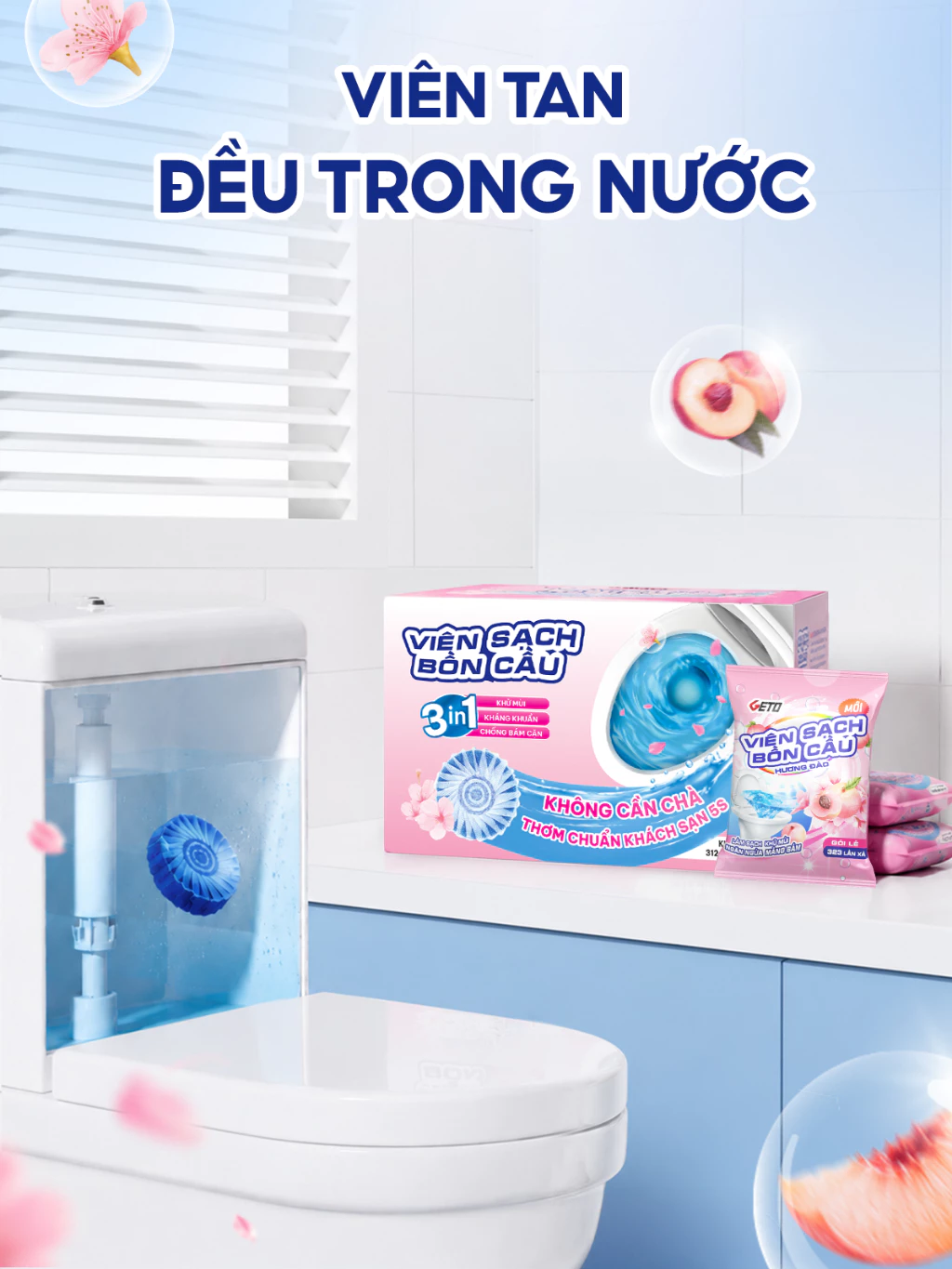 Viên Sạch Bồn Cầu Geto Hương Đào viên thả bồn cầu tẩy sạch mảng bám, khử mùi diệt vi khuẩn 50G/gói 