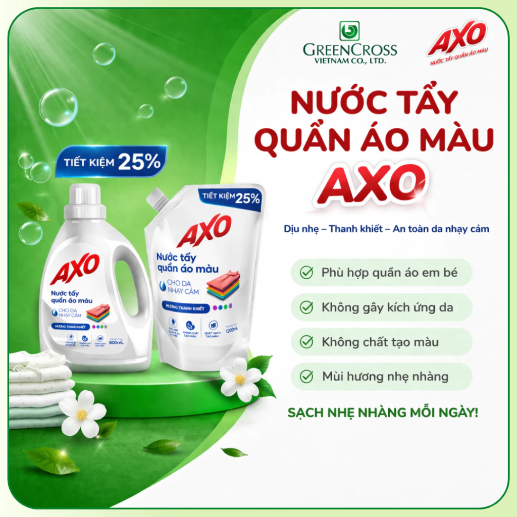  Nước Tẩy Quần Áo Màu AXO 1800ml – Tẩy Sạch Vết Bẩn Cứng Đầu, Giữ Màu Vải Bền Đẹp 