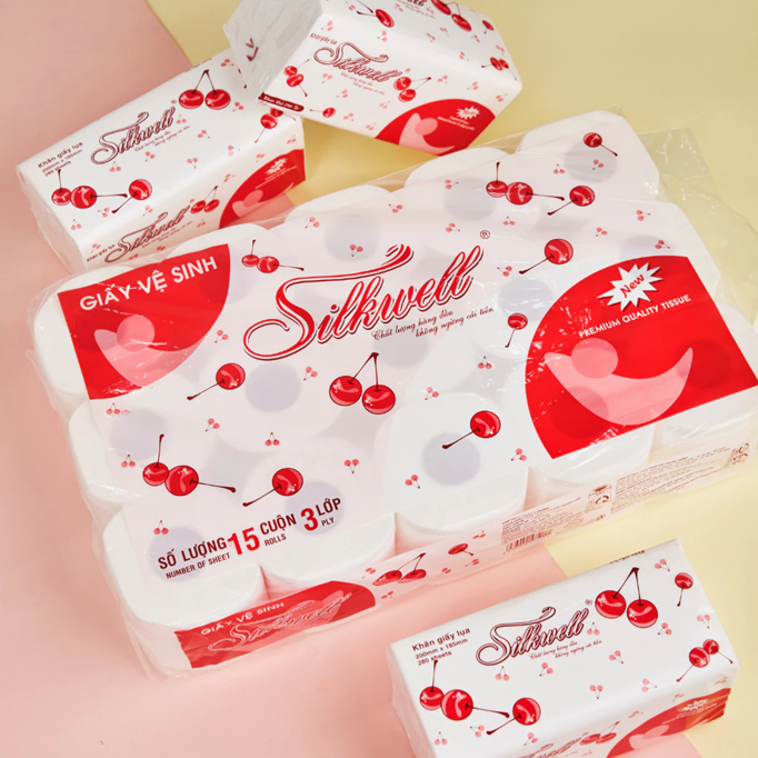  Giấy vệ sinh Silkwell Cherry 15 cuộn 3 lớp chính hãng mềm mịn siêu dai 