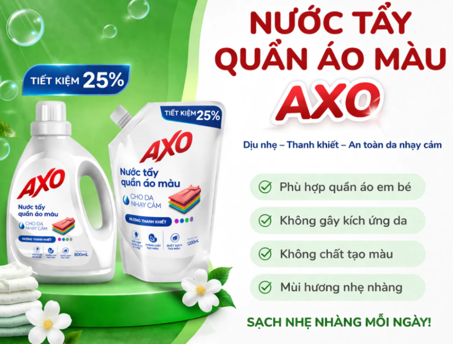  Túi Nước tẩy quần áo màu AXO 1200ml - Đánh Bay Vết Bẩn Lưu Giữ Màu Quần Áo 