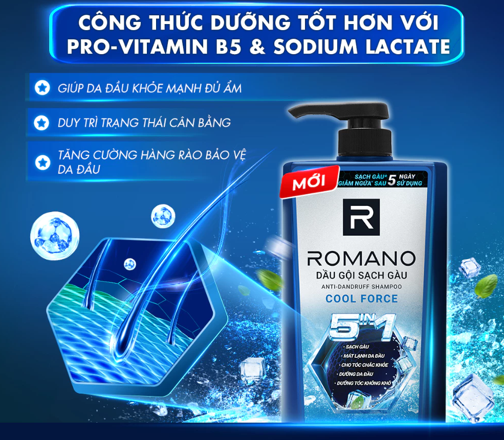  Dầu gội nam sạch gàu 5in1 Romano hương nước hoa 610g / 650g 