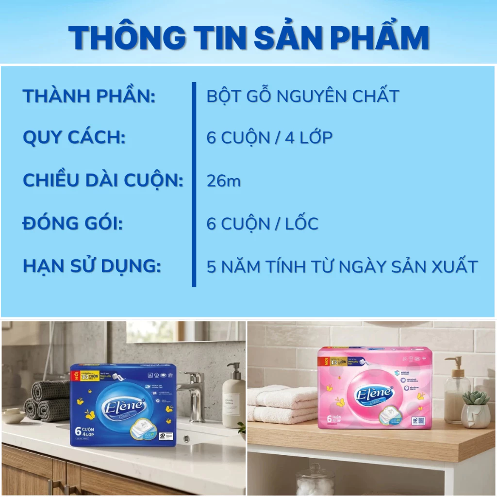  Giấy Vệ Sinh Elène (Có Lõi/Không Lõi) 4 Lớp Cao Cấp - 1 Bịch 6 Cuộn - An Toàn, Tiết Kiệm 