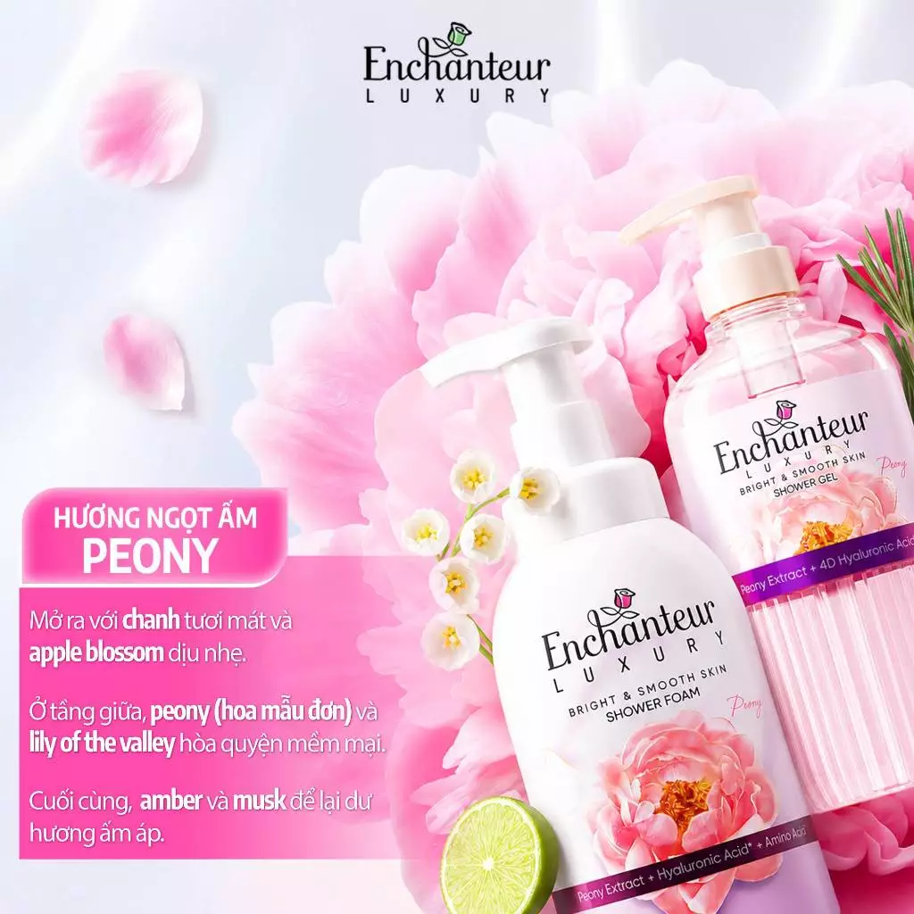  Gel/Bọt Tắm Cao Cấp Enchanteur Luxury Dưỡng Da Sáng Mịn Chứa Chiết Xuất Hoa Trà/ Hoa Mẫu Đơn + 4D Hyaluronic Acid 400-450ml 