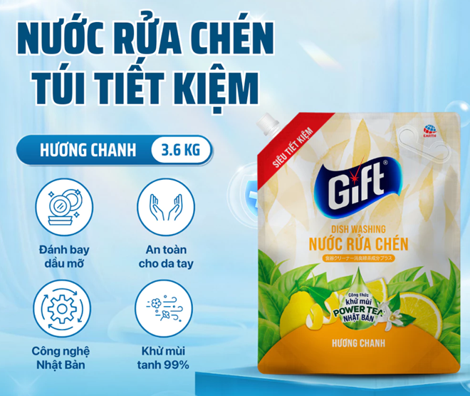  Nước Rửa Chén Gift Khử Mùi Tanh Khó Chịu – Hương Chanh/Trà Chanh, Chai 800ml/Túi 3.6kg/Can 3.8kg 
