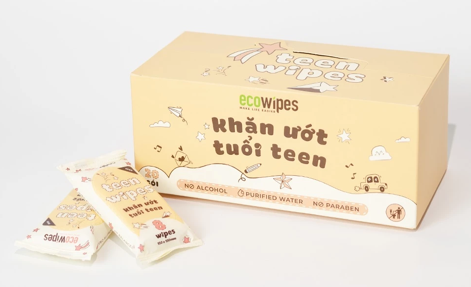  Hộp 20 gói khăn ướt mini size Teen EcoWipes gói 8 tờ không mùi 