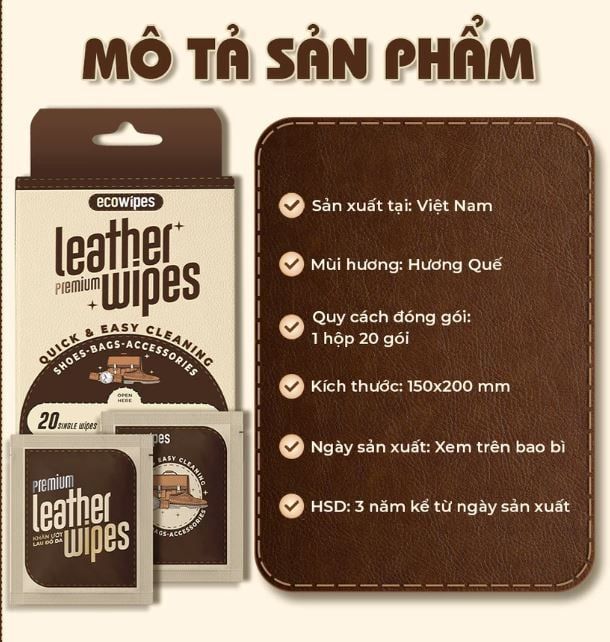  Hộp 20 gói khăn ướt lau giày da túi da ví da siêu tốc Leather EcoWipes gói 25 tờ hương quế 