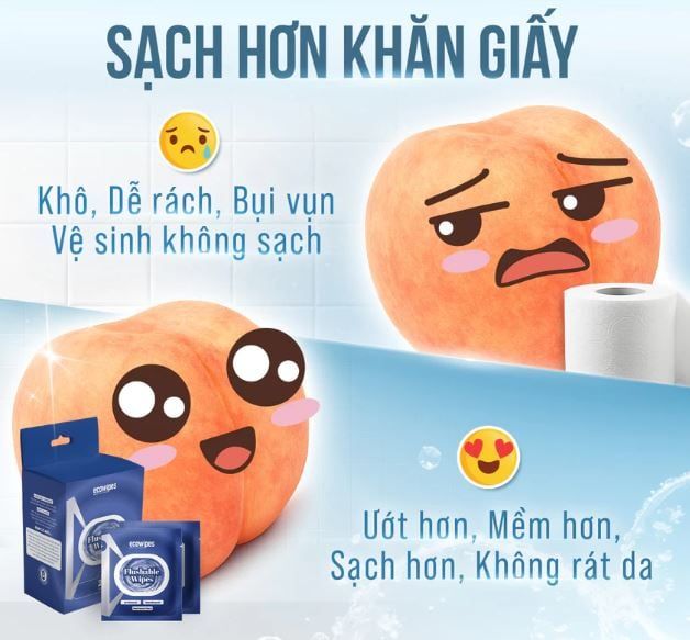  Khăn ướt đi toilet có thể xả trong bồn cầu Flushable EcoWipes Hộp 40 gói (gói 1 tờ) 