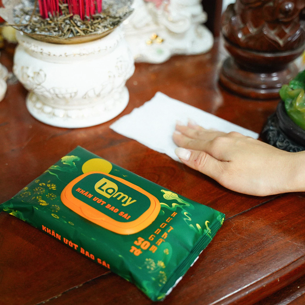  Khăn ướt bao sái lau bàn thờ Lamy gói 30 tờ Hương Trầm 
