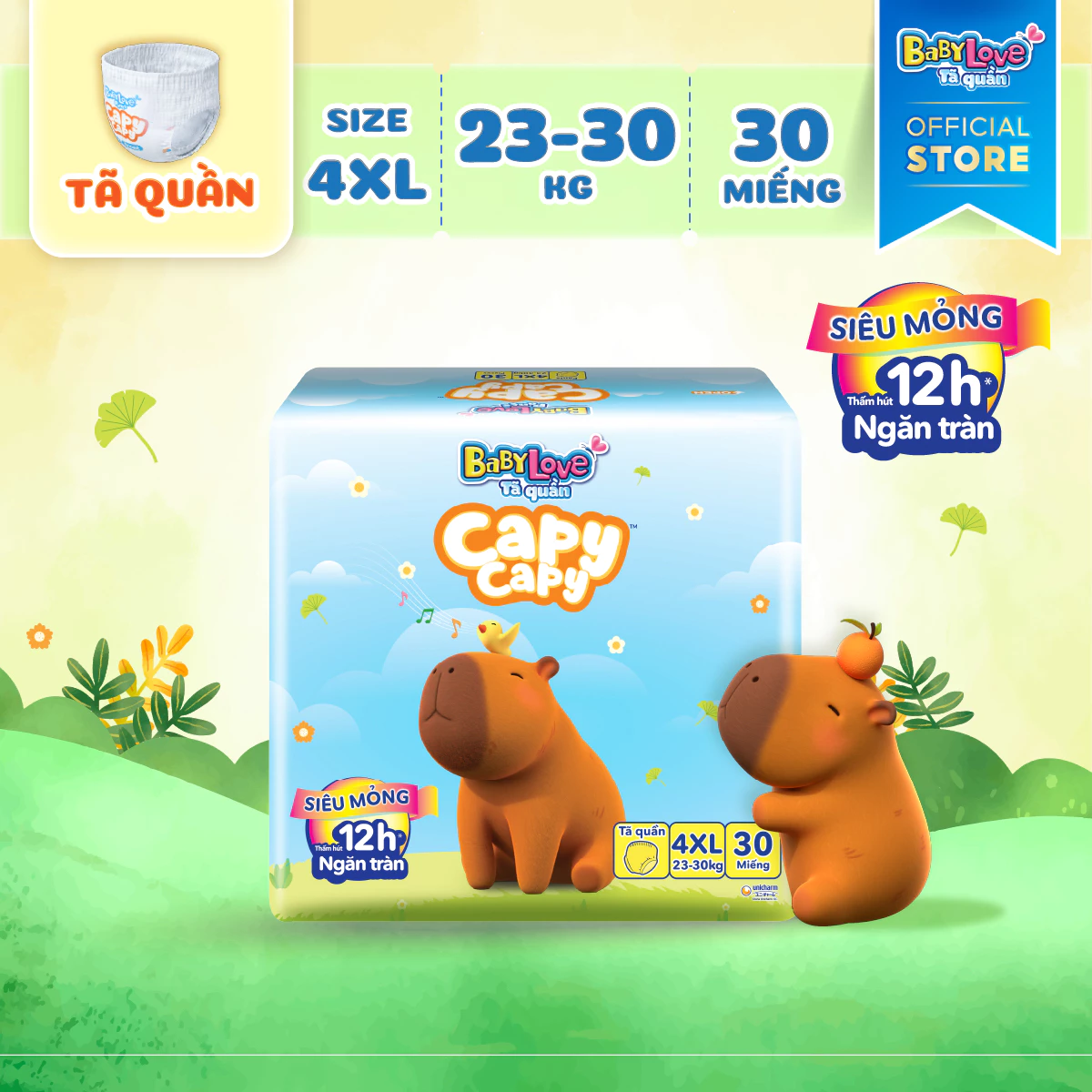  Tã quần Baby Love Capycapy - 12H Thấm hút size M66/L56/XL52/XXL48/3XL34/4XL30/5XL26 