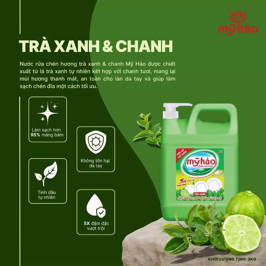  Nước Rửa Chén An Toàn Cho Da Và 5X Đậm Đặc Mỹ Hảo Khử Sạch Mùi Tanh Can Vòi Bơm 3KG 
