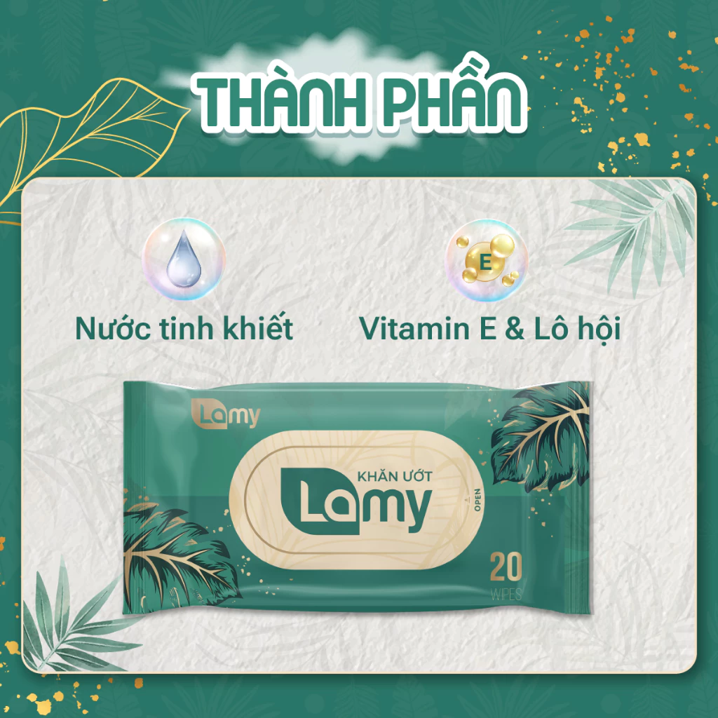  Khăn ướt Lamy gói 20 tờ không mùi không cồn không parabens cao cấp an toàn dành cho bé 