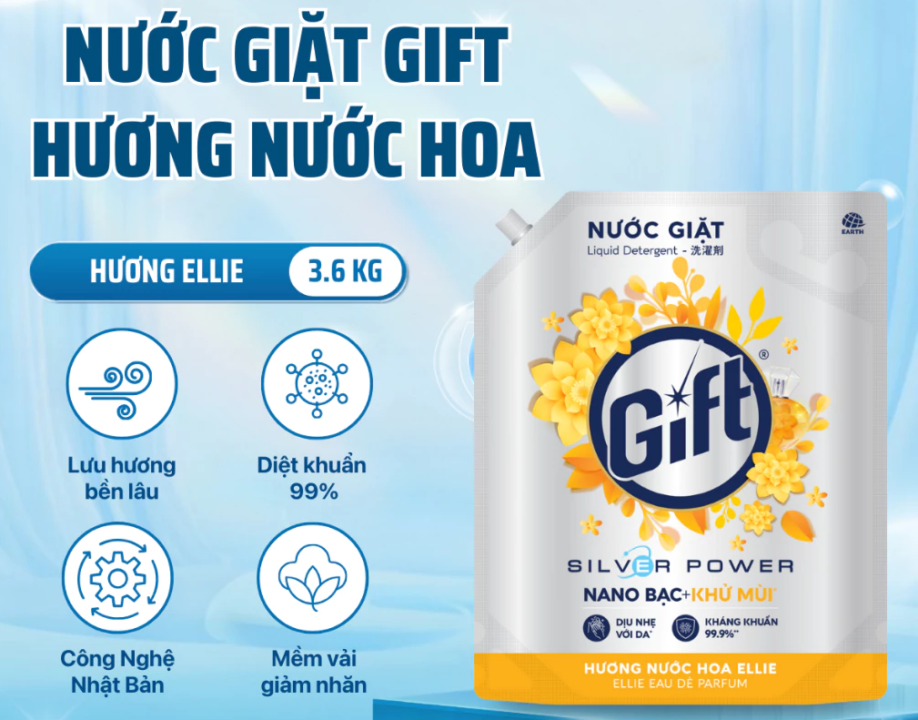  Nước Giặt Gift Kháng Khuẩn, Khử Mùi Hiệu Quả, Lưu Hương Bền Lâu 1.2kg/ 3.6kg 