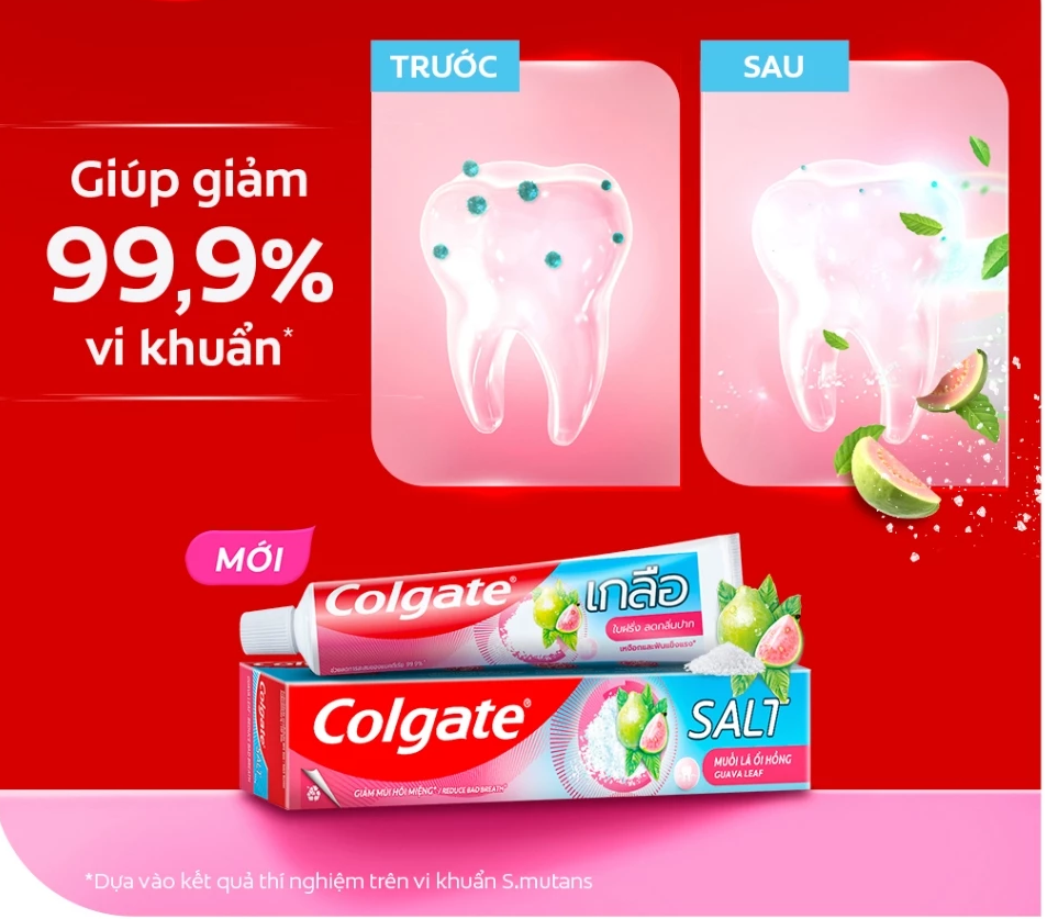  Kem Đánh Răng Colgate Muối Lá Ổi Hồng giảm hôi miệng và vi khuẩn tích tụ 150g/ tuýp 