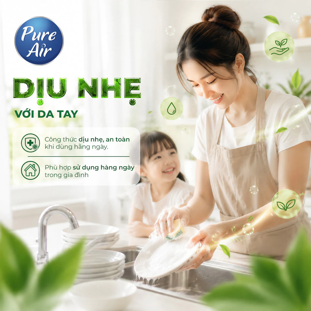  Nước Rửa Chén Enzyme Sinh Học Pure Air Chiết Xuất Lá Trà Lên Men 750g-2.3kg - Hỗ Trợ Làm Sạch Dầu Mỡ Khử Mùi Tanh Dịu Nhẹ Da Tay 